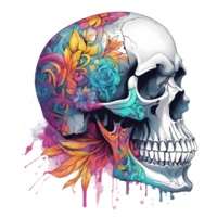 Abstract Watercolor Skull With Flowers, Watercolor Floral Skull Design For Halloween Day, Generative AI png