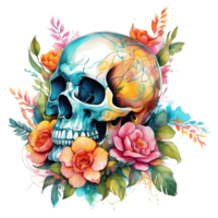 Abstract Watercolor Skull With Flowers, Watercolor Floral Skull Design For Halloween Day, Generative AI png