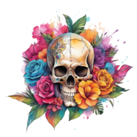 Abstract Watercolor Skull With Flowers, Watercolor Floral Skull Design For Halloween Day, Generative AI png