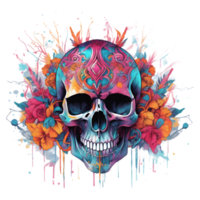 Abstract Watercolor Skull With Flowers, Watercolor Floral Skull Design For Halloween Day, Generative AI png