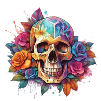 Abstract Watercolor Skull With Flowers, Watercolor Floral Skull Design For Halloween Day, Generative AI png