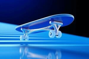 Board in focus, Vibrant blue backdrop enhances 3D rendered sleek skateboard AI Generated photo