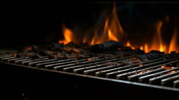 parrilla infierno, negro fondo con un flameante fuego en el parilla. ai generado foto