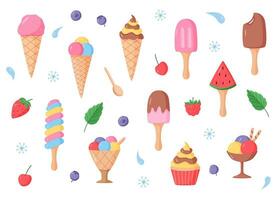 Ice cream and berries set of bright colored icons. Vector illustration of summer desserts  ice cream in waffle cones, strawberry cherry raspberry mint blueberry.