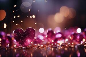 Magenta palette, pink red hearts, sparkling bokeh Valentines day panoramic AI Generated photo