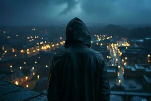 Rooftop scene man in hood, face obscured, copy space enhancing mysterious ambiance AI Generated photo