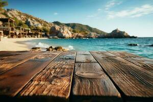 Island horizon Blurred sea and sky behind wooden table, natures harmonious display AI Generated photo