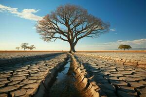 Iconic tree on cracked soil embodies climate crisis, global warming induced water scarcity AI Generated photo