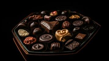 feliz chocolate sorpresa, sabroso golosinas esperando en un en forma de corazon caja en negro. ai generado foto