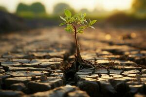 solitario árbol coles en tostado tierra, simbolizando clima crisis, agua escasez debido a global calentamiento ai generado foto