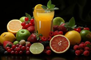 Wholesome display, assorted fresh fruits   berries, citrus, apples   juice filled glasses Colorful health AI Generated photo