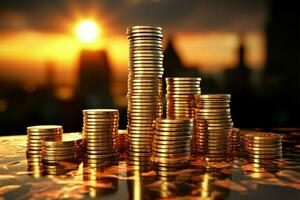 Sunlit coin columns stand tall, depicting wealth and strategic financial planning AI Generated photo