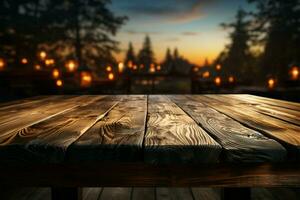 Table in natural spotlight Vacant wooden platform ready for product montages outdoors AI Generated photo