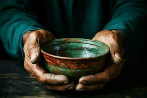 Aged hands cradle empty bowl, depicting the poignant concept of hunger and poverty AI Generated photo