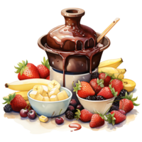 chocolate fondue con frutas acuarela sublimación transparente antecedentes ai generativo png