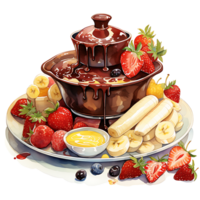 chocolate fondue con frutas acuarela sublimación transparente antecedentes ai generativo png