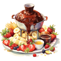 Chocolate fondue with fruits watercolor sublimation transparent background AI Generative png