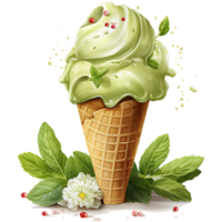 Matcha Green Tea Ice Cream with mint Watercolor Sublimation AI Generative png