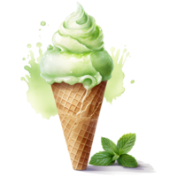 Matcha Green Tea Ice Cream with mint Watercolor Sublimation AI Generative png