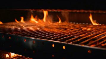 Barbecue spectacle, Empty grill illuminated by vibrant flames, a mesmerizing sight. AI Generated photo