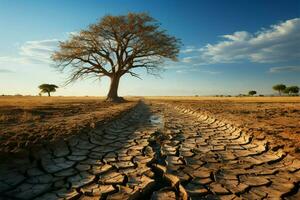 solitario árbol crece en agrietado tierra, ejemplificando clima cambios sequía impulsado Consecuencias ai generado foto