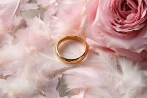 Wedding Background with gold Rings, Eustoma rose flower and light pink feather AI Generated photo