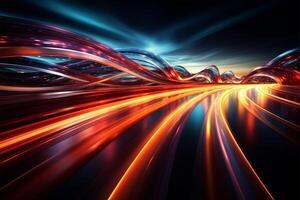 Nights momentum Forward motion blur, illuminated trails shape dynamic nocturnal backdrop AI Generated photo