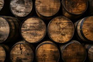 Detailed shot of wooden barrels texture, an authentic and rustic backdrop AI Generated photo