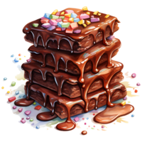 stack of brownies with caramel glaze and candies Watercolor Sublimation AI Generative png