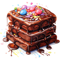 stack of brownies with caramel glaze and candies Watercolor Sublimation AI Generative png