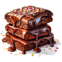 stack of brownies with caramel glaze and candies Watercolor Sublimation AI Generative png