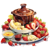Chocolate fondue with fruits watercolor sublimation transparent background AI Generative png