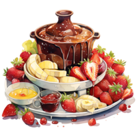 Schokolade Fondue mit Früchte Aquarell Sublimation transparent Hintergrund ai generativ png