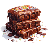 stack of brownies with caramel glaze and candies Watercolor Sublimation AI Generative png