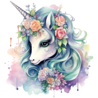 Einhorn mit Blumen- Aquarell Sublimation ai generativ png