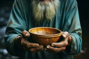 Selective focus on impoverished old mans hands clutching an empty bowl AI Generated photo