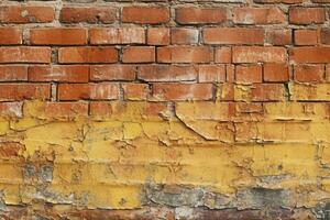 Grungy seamless pattern texture featuring an aged yellow and red brick wall. AI Generated photo