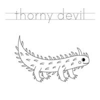 Trace the letters and color cartoon thorny devil. Handwriting practice for kids. vector