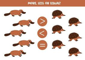 More, less or equal with cute Australian animals. Comparison game for children. vector
