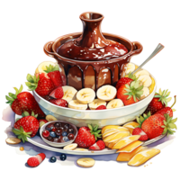 Chocolate fondue with fruits watercolor sublimation transparent background AI Generative png