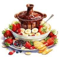 Schokolade Fondue mit Früchte Aquarell Sublimation transparent Hintergrund ai generativ png