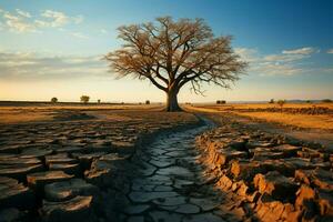 Solitary tree grows on cracked land, exemplifying climate changes drought driven consequences AI Generated photo