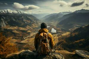 successful man hiker enjoy the view on mountain top AI Generated photo