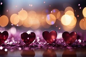 Magenta palette, pink red hearts, sparkling bokeh Valentines day panoramic AI Generated photo