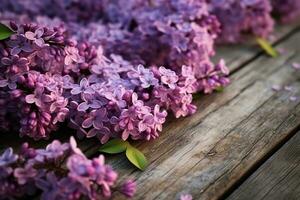 púrpura flores de lila adornando un de madera tablón, de la naturaleza arte. ai generado foto