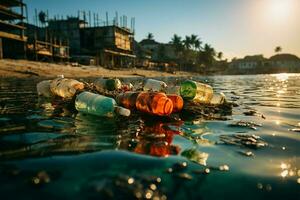 Plastic remnants scatter beach, underscoring environmental harm caused by beach pollution AI Generated photo