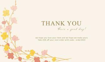 thank you card with colorful flowers and golden lines, glitter, greeting template, printable custom for your project vector