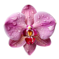 Pink orchid flower with water drops close up isolated on transparent background, generative ai png