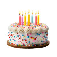 vistoso cumpleaños pastel con velas aislado en transparente fondo, generativo ai png