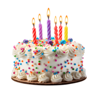 colorful birthday cake with candles isolated on transparent background, generative ai png